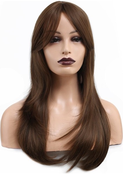 Katlı Kesim Perçemli Düz Fiber Sentetik Orta Boy Peruk / Kumral