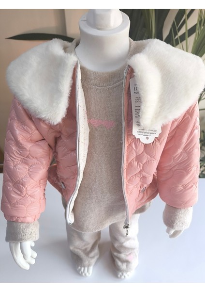 Kız Bebek Montlu Üçlü Takım (Sweatshirt+ Kürklü Yaka Mont +Pantolon)