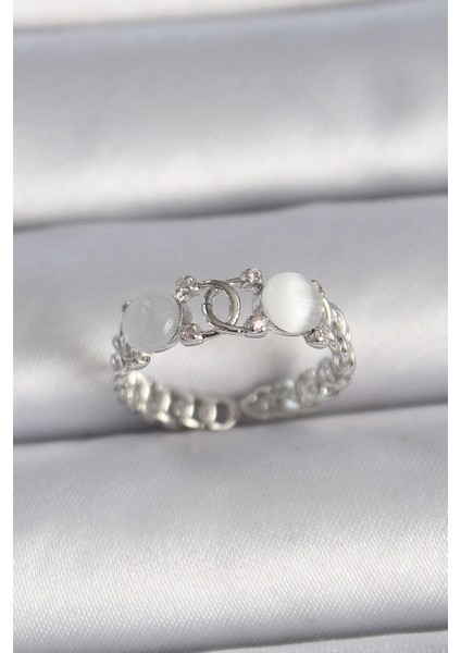Pirinç Gümüş Renk Ayarlanabilir Zirkon Taşlı Beyaz Mineli Birleşik Halka Model Kadın Yüzük - Lisinya