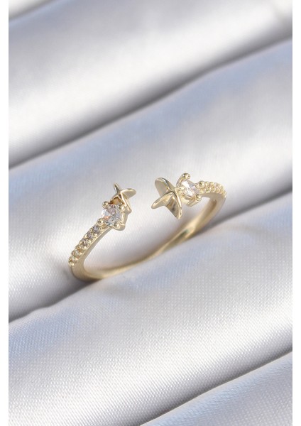 Pirinç Gold Renk Zirkon Taş Detay Yıldız Model Kadın Yüzük - Lisinya
