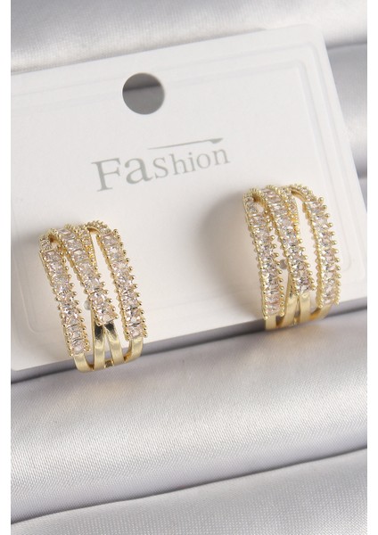 Pirinç Gold Renk Zirkon Taşlı Halka Model Kadın Küpe - Lisinya