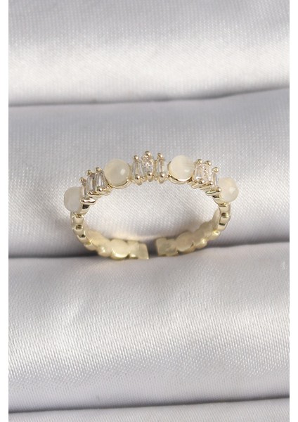 Pirinç Gold Renk Zirkon Taşlı Beyaz Mineli Ayarlanabilir Yüzük - Lisinya