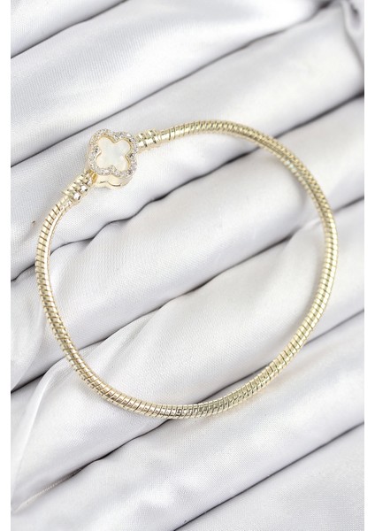 Bfs Pirinç Charm Zirkon Taşlı Yonca Model Gold Renk Kadın Bileklik