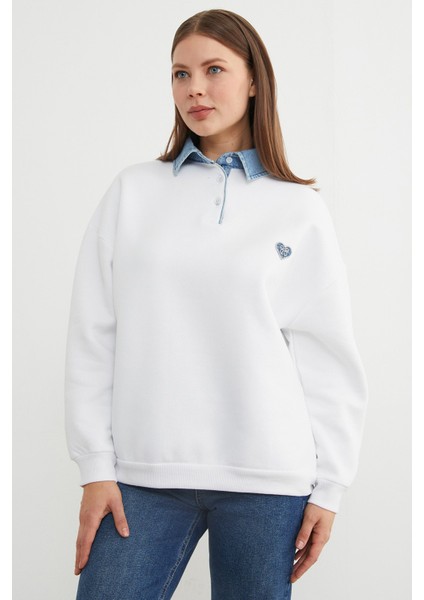 3 Iplik Kalp Nakışlı Polo Yaka Denim Detaylı Sweatshirt