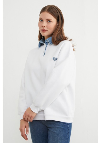 3 Iplik Kalp Nakışlı Polo Yaka Denim Detaylı Sweatshirt indirimleri