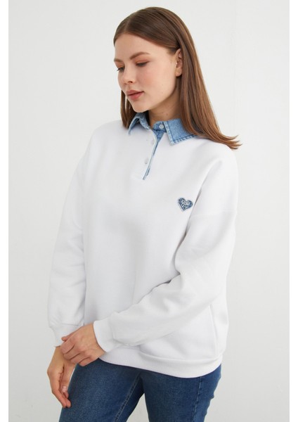 3 Iplik Kalp Nakışlı Polo Yaka Denim Detaylı Sweatshirt