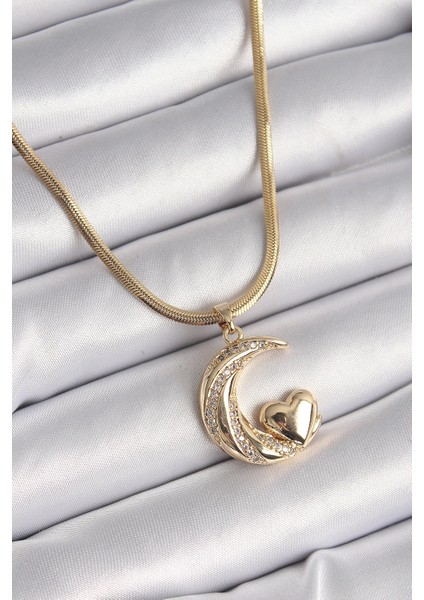 Bfs 316L Çelik Gold Renk Çelik Italyan Zincir Zirkon Taşlı Halil Figür Kalp Detay Kadın Kolye