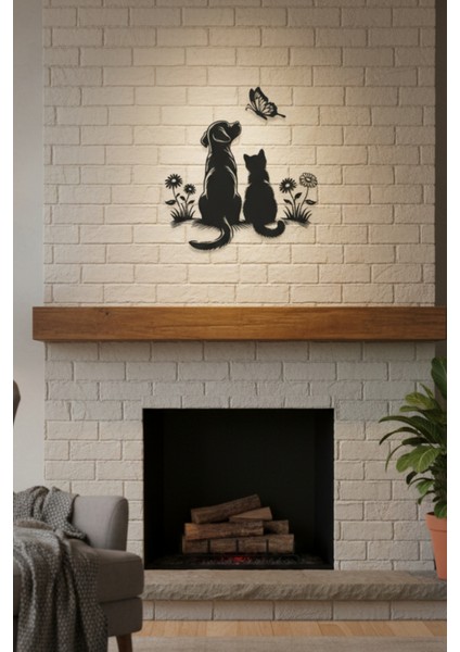 Metal Kedi ve Köpek Duvar Dekoru Hayvan Dostluğu Silüeti Ev ve Bahçe Tablosu