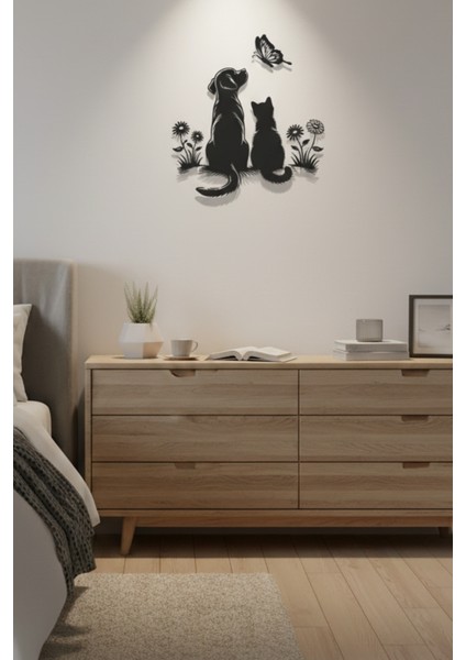 Metal Kedi ve Köpek Duvar Dekoru Hayvan Dostluğu Silüeti Ev ve Bahçe Tablosu modelleri