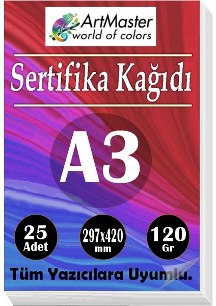 A3 Sertifika Kağıdı 25 Adet 120 Gram Kalın Fotokopi Kağıdı Tüm Yazıcılara Uyumlu 29.7X42 cm Kalın Baskı Kağıdı