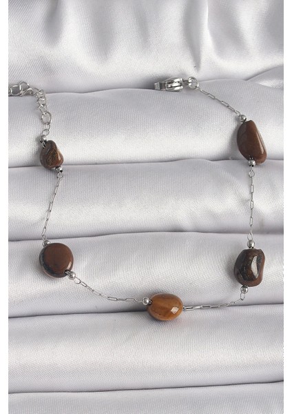 Bfs 316L Çelik Gümüş Renk Zincir Kahverengi Doğaltaş Model Kadın Bileklik