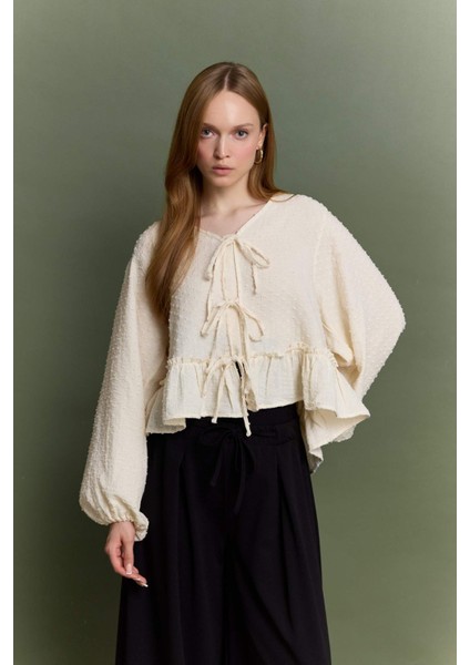 Regular Fit V Yaka Müslin Önden Bağlamalı Uzun Kollu Tunik F9173AX25AU