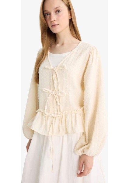 Regular Fit V Yaka Müslin Önden Bağlamalı Uzun Kollu Tunik F9173AX25AU fırsatları