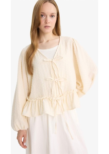 Regular Fit V Yaka Müslin Önden Bağlamalı Uzun Kollu Tunik F9173AX25AU