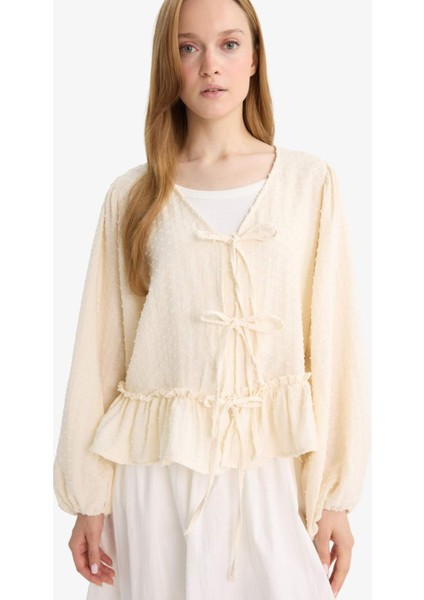 Regular Fit V Yaka Müslin Önden Bağlamalı Uzun Kollu Tunik F9173AX25AU