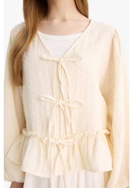 Regular Fit V Yaka Müslin Önden Bağlamalı Uzun Kollu Tunik F9173AX25AU