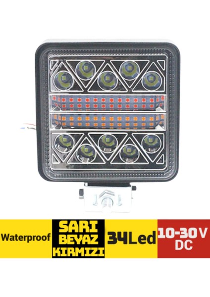 34 LED 10V-30V Off Road Projektör Lamba Sarı-Beyaz-Kırmızı Fonksiyonlu Kare Çalışma Lambası