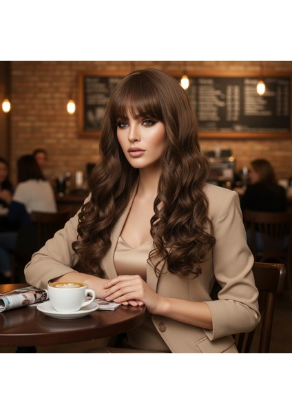 Dalgalı Perçemli Uzun Fiber Sentetik Peruk - Koyu Kumral