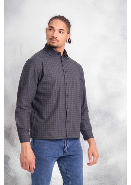 Alfonso Ekose Büyük Kareli Relaxed Fit %100 Pamuklu Flanel Kumaş Erkek Gömlek - Haki indirimleri