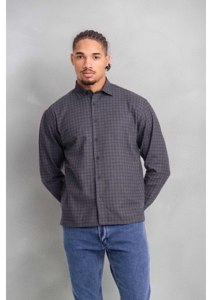Alfonso Ekose Büyük Kareli Relaxed Fit %100 Pamuklu Flanel Kumaş Erkek Gömlek - Haki