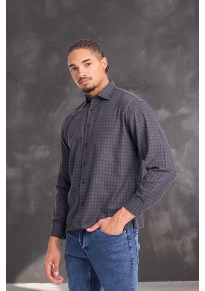 Alfonso Ekose Büyük Kareli Relaxed Fit %100 Pamuklu Flanel Kumaş Erkek Gömlek - Haki