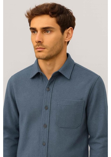 Frankel Kaşe Kumaş Tek Cepli Relaxed Fit Erkek Gömlek - Lacivert modelleri