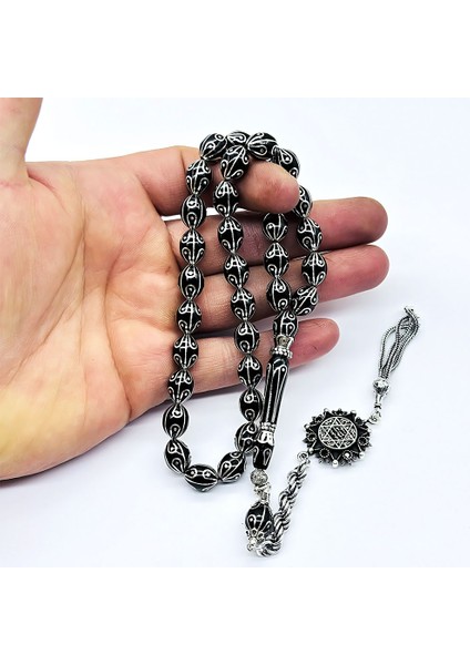 Gümüş Işlemeli Usta Işçilikli Orijinal Oltu Taşı Tesbih fırsatları