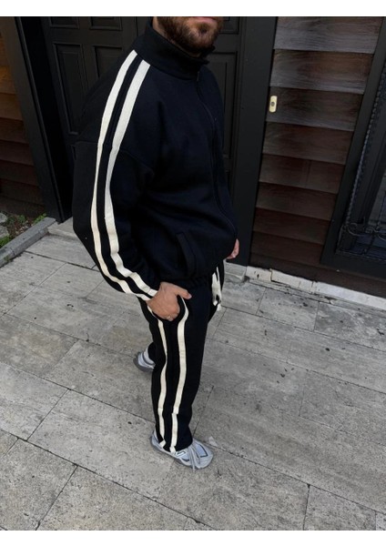 Erkek Çift Şeritli Eşofman Takım Dik Yaka Fermuarlı Sweatshirt Boru Paça Alt, Oversize 3 Iplik Pamuklu - Siyah modelleri