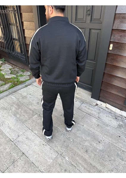 Erkek Çift Şeritli Eşofman Takım Dik Yaka Fermuarlı Sweatshirt Boru Paça Alt, Oversize 3 Iplik Pamuklu - Siyah indirimleri