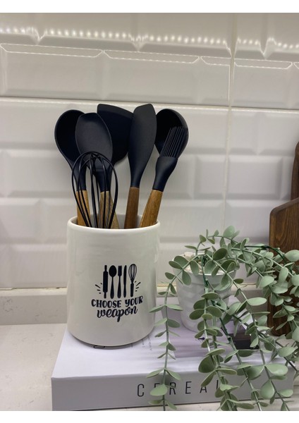 Ahşap Saplı Silikon Servis Seti Seramik Kaşıklık