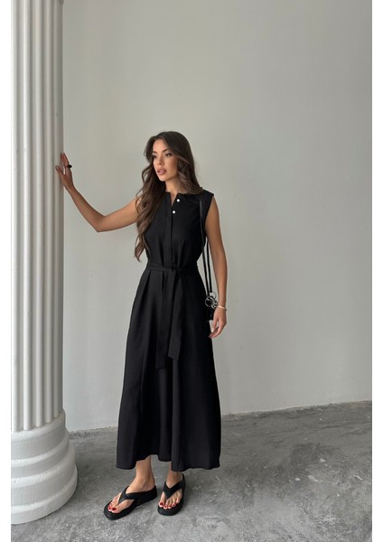 Keten Elbise Kolsuz Bel Bağlamalı Maxi Elbise - Siyah