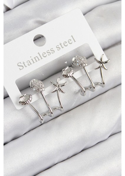 Bfs Pirinç Zirkon Taşlı Deniz Yıldızı ve Istiridye Model Gümüş Renk Kadın Küpe