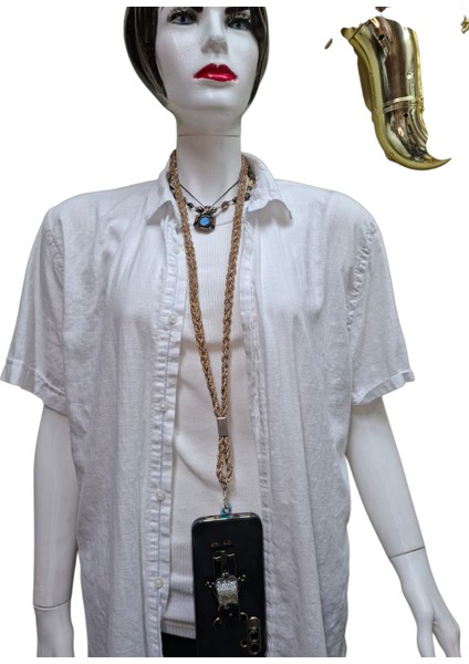 Gold Taşlı Örgü Telefon Askısı Tüm Kılıflara Uyumlu