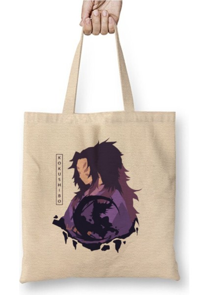 Demon Slayer Kokushibo Beyaz Bez Çanta Uzun Saplı Alışveriş Çantası Plaj Çantası