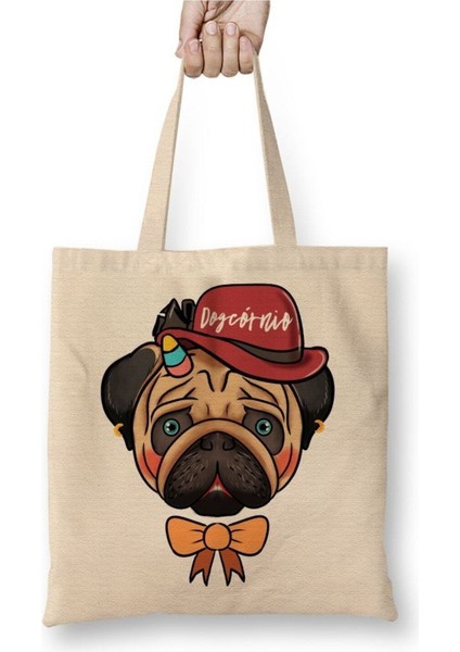 Pug Köpek Beyaz Bez Çanta Uzun Saplı Alışveriş Çantası Plaj Çantası