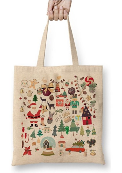 Yılbaşı Yeni Yıl Konseptli Full Beyaz Bez Çanta Uzun Saplı Alışveriş Çantası Plaj Çantası