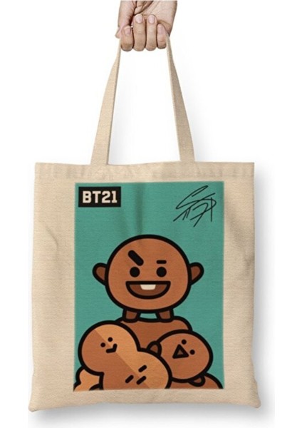 BT21 Shooky Bts Beyaz Bez Çanta Uzun Saplı Alışveriş Çantası Plaj Çantası
