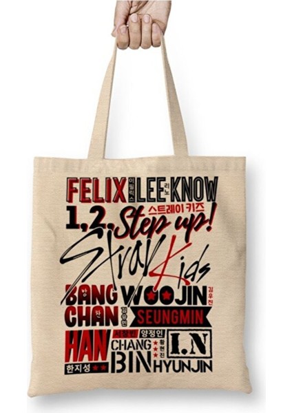 Stray Kids Font Collage Beyaz Bez Çanta Uzun Saplı Alışveriş Çantası Plaj Çantası
