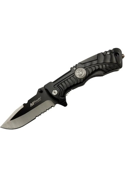 bulurum mtech 4122 siyah kurtarma / kamp çakısı 21cm yarı , testere detaylı, cam kırma aparatlı, kemerlikli