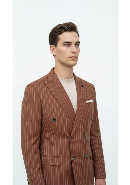 Kahverengi Çizgili Erkek Kruvaze Blazer Ceket – Italyan Kesim, Modern Şıklık fiyatları