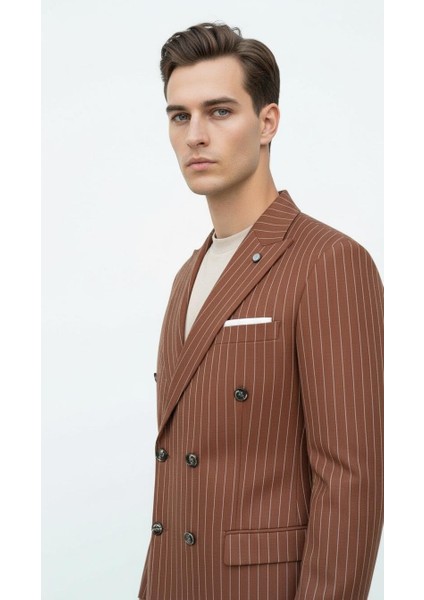 Kahverengi Çizgili Erkek Kruvaze Blazer Ceket – Italyan Kesim, Modern Şıklık modelleri
