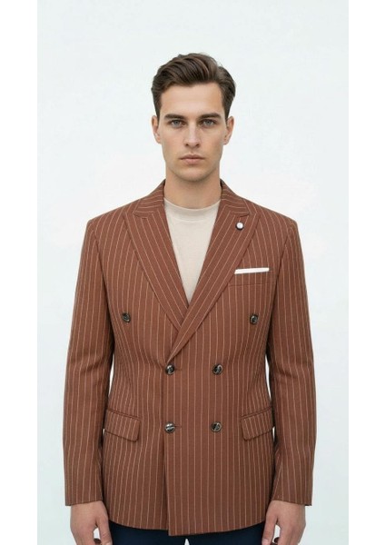 Kahverengi Çizgili Erkek Kruvaze Blazer Ceket – Italyan Kesim, Modern Şıklık fırsatları