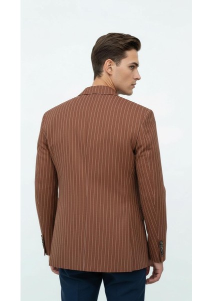 Kahverengi Çizgili Erkek Kruvaze Blazer Ceket – Italyan Kesim, Modern Şıklık indirimleri