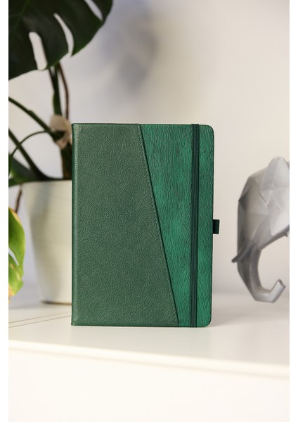 Kişiye Özel Haki Lastikli Kalem Tutuculu Evrak Cepli Vegan Deri 224 Sayfa Çizgili Not Defteri