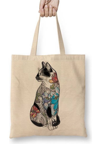 Renkli Cats Kedi Çiçekli Beyaz Bez Çanta Uzun Saplı Alışveriş Çantası Plaj Çantası