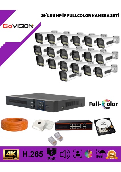 Govision Go Vision 19'lu Güvenlik Ip Kamera Seti - 5mp Dış Mekan Kamera, 3.6mm Lens, H.265, Poe, Warm LED Gece Görüşlü