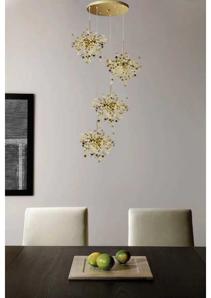 Yuvarlak Modern Dörtlü Pullu Altın Renkli Sarkıt Avize