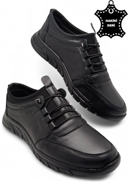 Erkek Hakiki Deri Ultra Rahat Ortopedik Tabanlı Hafif Mevsimlik Siyah Günlük Spor Ayakkabı