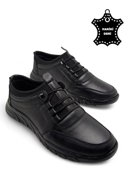 Erkek Hakiki Deri Ultra Rahat Ortopedik Tabanlı Hafif Mevsimlik Siyah Günlük Spor Ayakkabı