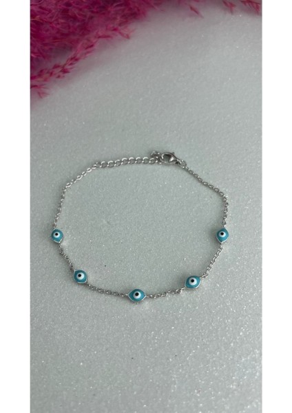 Beyaz Altın Kaplama Ithal Mavi Mineli Mini Nazar Göz Figürlü 925 Ayar Gümüş Bileklik